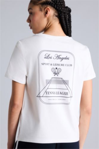 Kadın Ekru Standart Fıt Bisiklet Yaka Spor Baskılı Sporcu Kısa Kollu Tişört