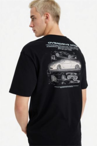 Erkek Siyah %100 Pamuk Boxy Fit Baskılı Tişört