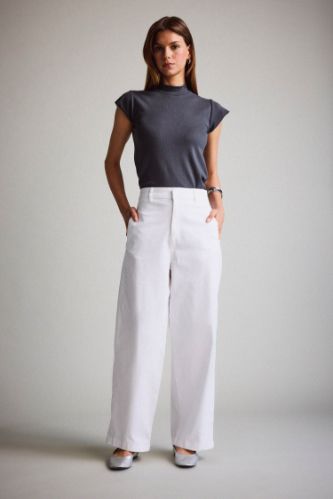 Barrel Fit Çift Cepli Yüksek Bel Düz Paça Gabardin Pantolon