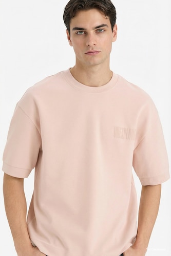 Erkek Pembe Pamuklu Nefes Alabilen Loose Fit Baskılı Tişört