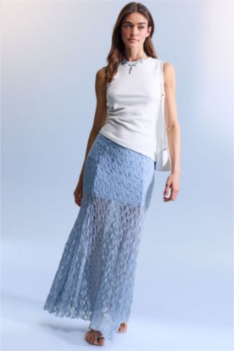 WOMAN Blue A Cut Lace Lined Normal Waist Maxi Knitted Skirt