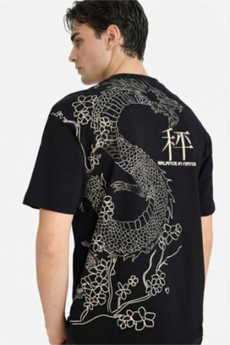 رجالي أسود تيشيرت قطن 100% بطبعة أوفر سايز