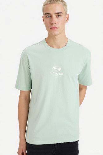 Erkek Mint %100 Pamuk Boxy Fit Baskılı Tişört