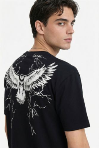 رجالي أسود تيشيرت قطن 100% بطبعة أوفر سايز