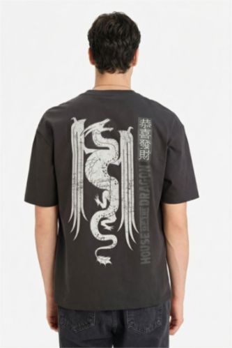 Мужчины Антрацит Футболка House of the Dragon Boxy Fit с круглым вырезом принтом и коротким рукавом