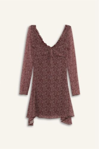 Coool V Yaka Çiçekli Tül Uzun Kollu Mini Elbise