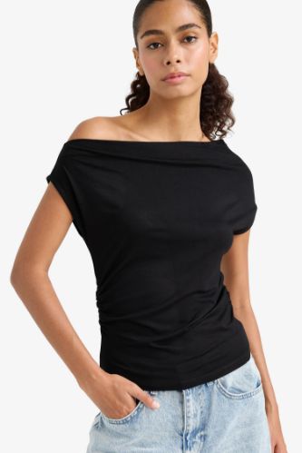 Slim Fit Dar Kesim Tek Omuzlu Siyah Bluz