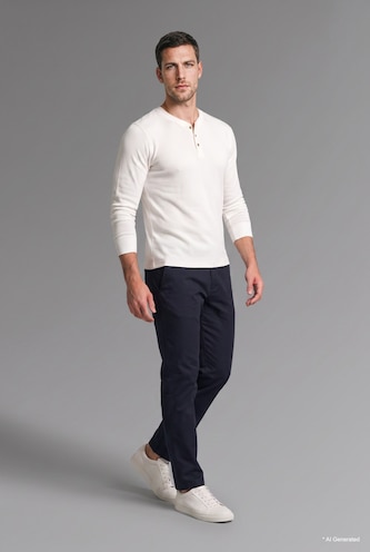 Men Ecru Slim Fit Textured Knit Long Sleeve Henley T-Shirt