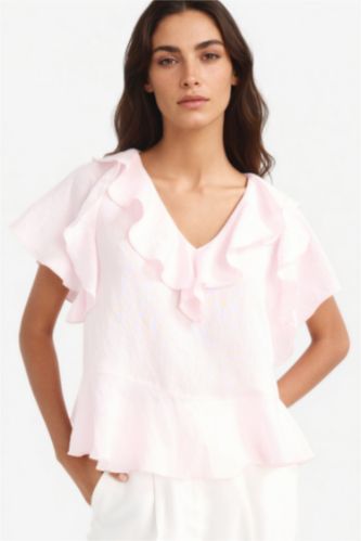 Женщины Светло-розовый Блузка регулярного кроя с V-образным вырезом и коротким рукавом из модала