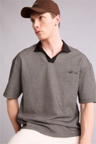 Erkek Kahve Dokulu Boxy Fit Polo Tişört