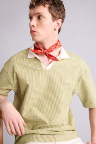 Erkek Yeşil Dokulu Boxy Fit Polo Tişört