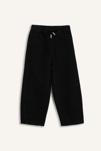 Cotton Barrel Fit Elastic Wide Leg Washed Jeans