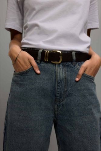 Kadın Koyu Kahve Kadın Dikdörtgen Toka Suni Deri Jean Kemeri