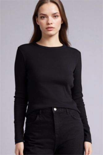 WOMAN Black Slim Fit Crew Neck Ribbed Long Sleeve T-Shirt