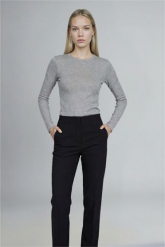 حريمي ميلانج رمادي تيشيرت كم طويل سليم فيت مضلع