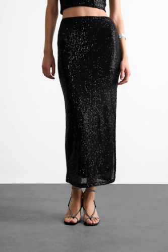 Slim Fit Dar Kesim Payetli Yırtmaçlı Midi Etek