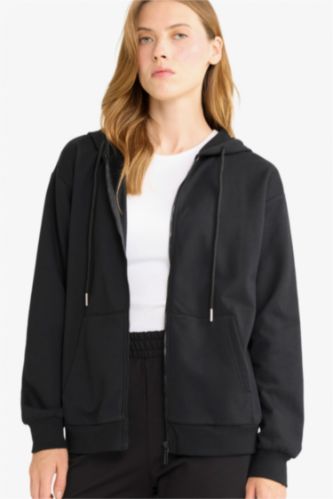WOMAN Black Relax Fit Thin Sweatshirt Fabric Cardigan