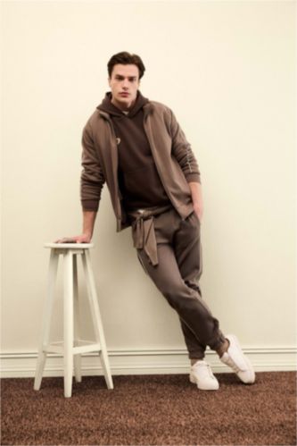 MAN Light Brown Slim Fit Zipper Pocket Pique Trousers