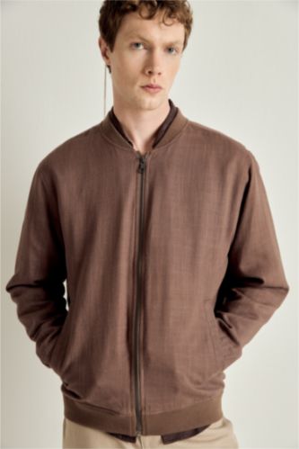 Man Brown Linen Blend Zip-Up Jacket