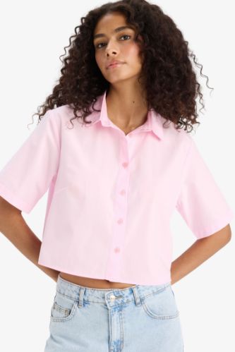 Regular Fit Gömlek Yaka Poplin Kısa Kollu Gömlek