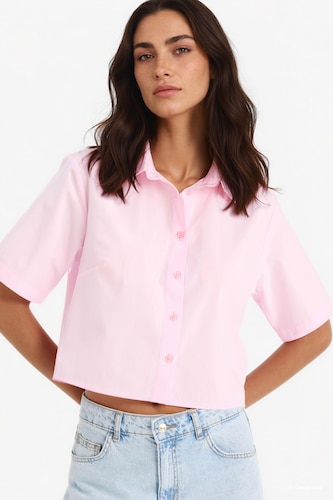 Women Light Pink Regular Fit Poplin Short Sleeve Shirt