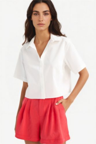 WOMAN White Regular Fit Shirt Collar Poplin Short Sleeve Shirt