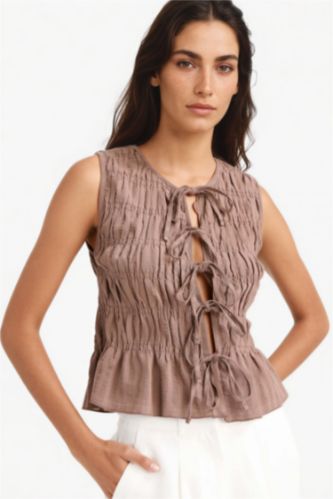 WOMAN Light Brown Slim Fit Crew Neck Tie Front Sleeveless Blouse