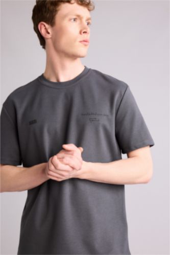 Erkek Antrasit Regular Fıt Bisiklet Yaka Baskılı Kısa Kollu Tişört