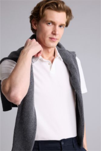 Erkek Ekru Slim Fit Kısa kollu Polo Tişört