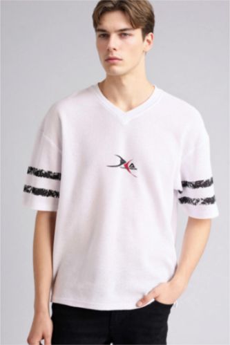 Erkek Beyaz %100 Pamuk Loose Fit Tişört