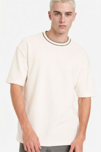 رجال بيج فاتح تيشيرت قطن نص ردن اوفر سايز بياخة مستديرة