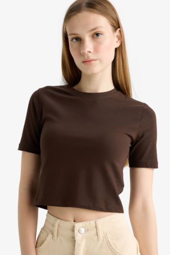 Coool Fitted Crop Basic Düz Kısa Kollu Tişört