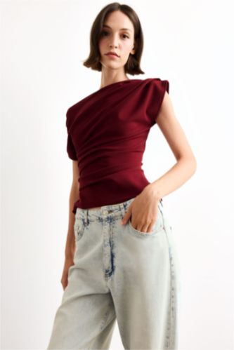 Fitted Basic Düz Tek Omuzlu Bluz