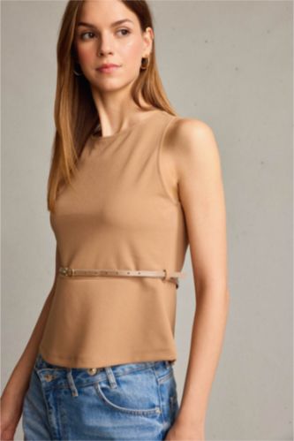 Fitted Crew Neck Belted Sleeveless Blouse
