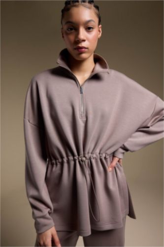 WOMAN Light Brown Long Fit Stand Collar Modal Sports Sweatshirt