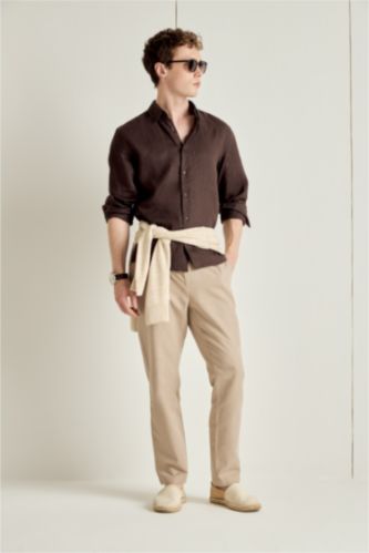 Erkek Bej Pamuklu Keten Pantolon