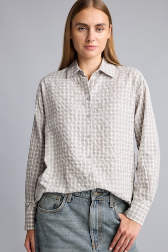 Kadın Açık Gri Regular Fit Flanel Kareli Uzun Kollu Gömlek