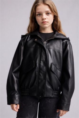 Young Girls - Teen Girls Black Girl Hooded Faux Leather Jacket