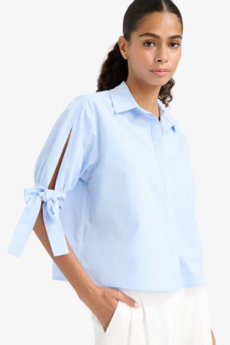 Regular Fit Bağlama Detaylı Poplin Uzun Kollu Gömlek