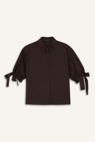 Regular Fit Bağlama Detaylı Poplin Uzun Kollu Gömlek