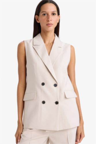 WOMAN Beige Regular Fit Jacket Collar Viscose Vest