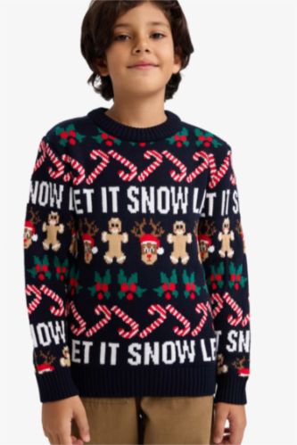 Erkek Çocuk Yılbaşı Temalı Regular Fit Bisiklet Yaka Triko Kazak