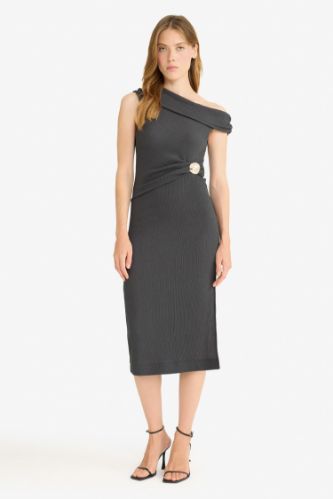 Regular Fit Bürümcük Tek Omuzlu Midi Elbise