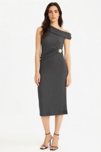 FEMME Anthracite Robe mi-longue côtelée asymétrique Coupe régulière