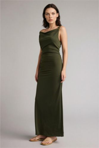 Kadın Haki Regular Fıt Degaje Yaka Kısa Kollu Elbise