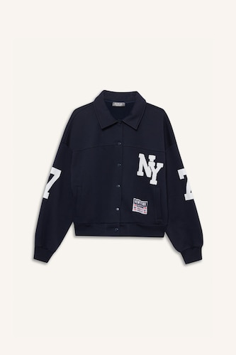 Polo Yaka Baskılı Çıtçıtlı Bomber Ceket
