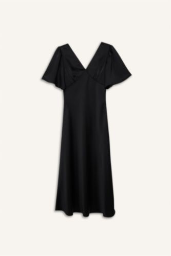 Женщины Черный Платье с коротким рукавом стандартного кроя с V-образным вырезом из сатина