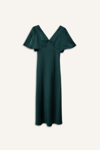 Женщины Темно-зеленый Платье с коротким рукавом стандартного кроя с V-образным вырезом из сатина
