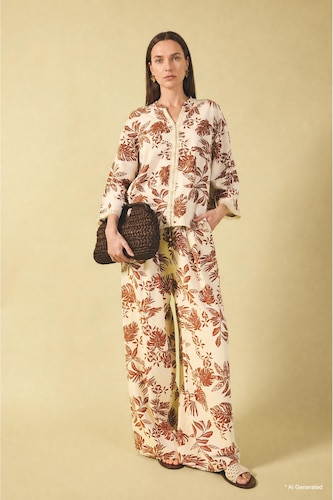Women Dark Orange Wide Leg Floral Pattern Linen Blend Trousers