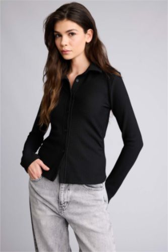 Woman Black Slim Fit Shirt Collar Long Sleeve Shirt